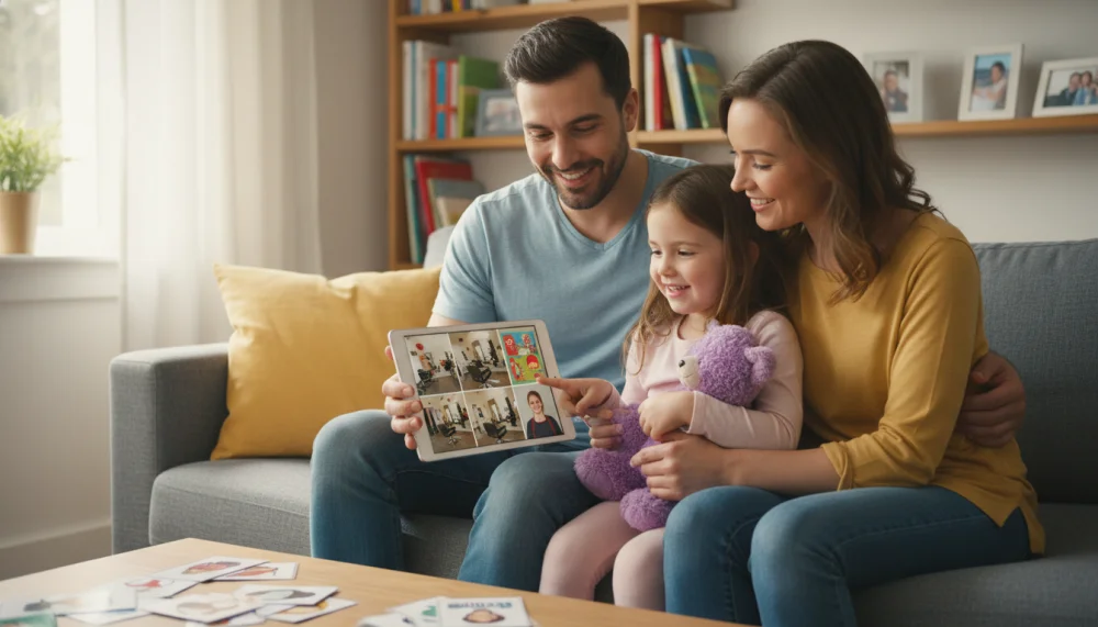 Батьки готують дитину з особливими потребами до візиту в перукарню, показуючи фото салону на планшеті