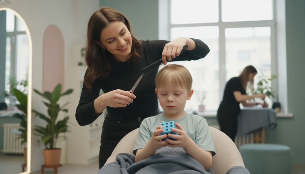 Професійний перукар працює з дитиною з РАС, використовуючи спеціальні методи заспокоєння