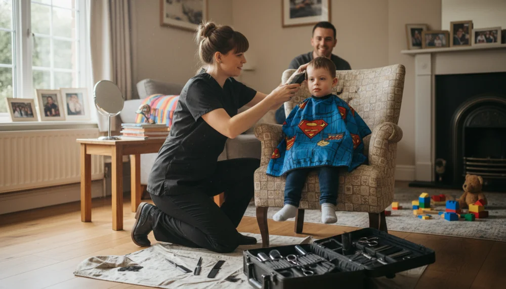 Перукар проводить виїзну стрижку вдома для дитини з ДЦП у звичному середовищі