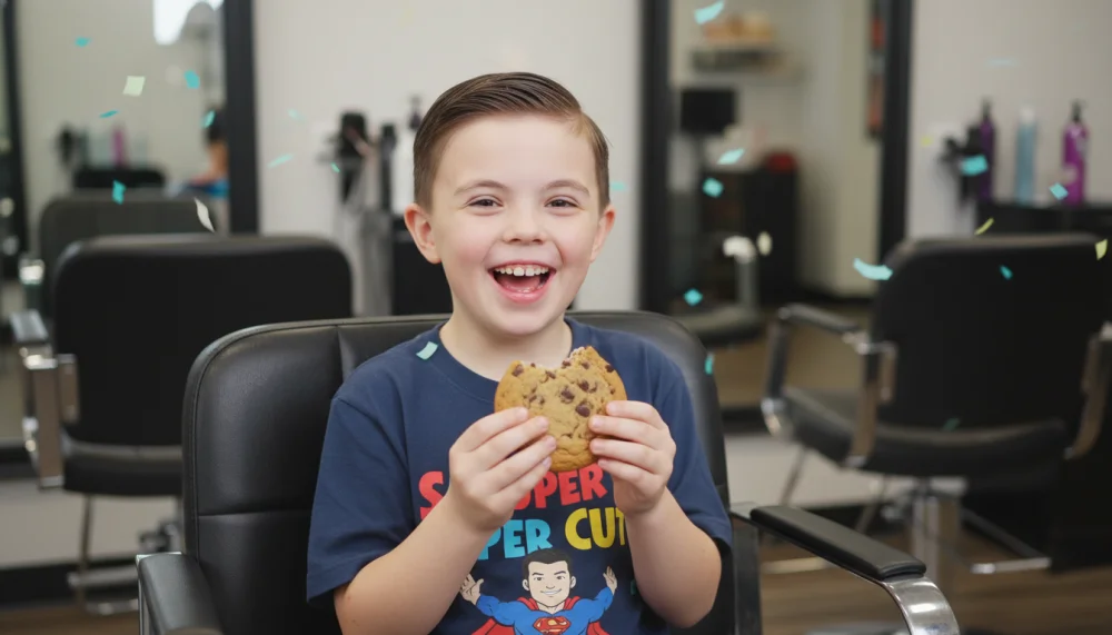 Щаслива дитина з особливими потребами після успішної стрижки тримає пряник-винагороду