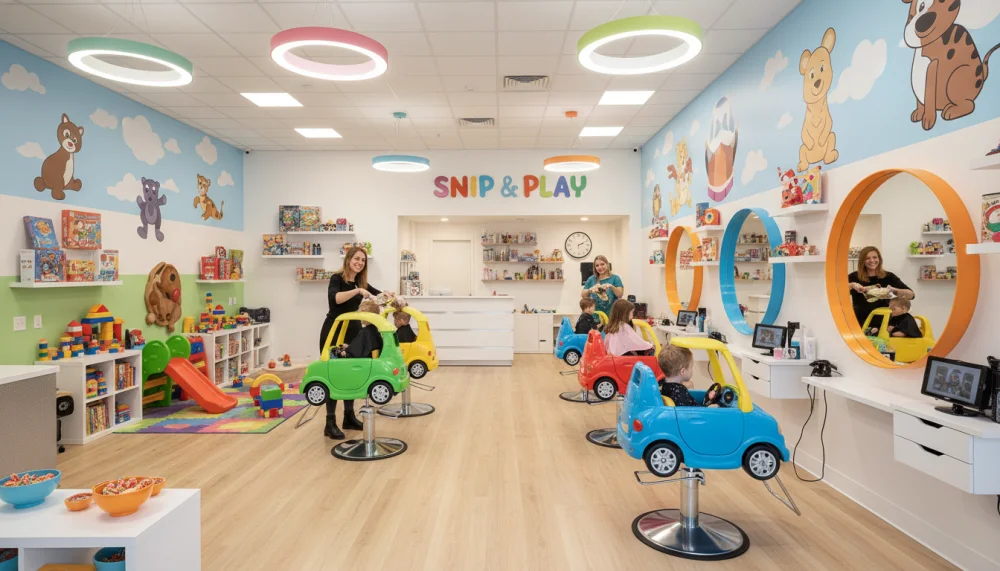Інтер'єр сучасної дитячої перукарні з яскравими кріслами-машинками
