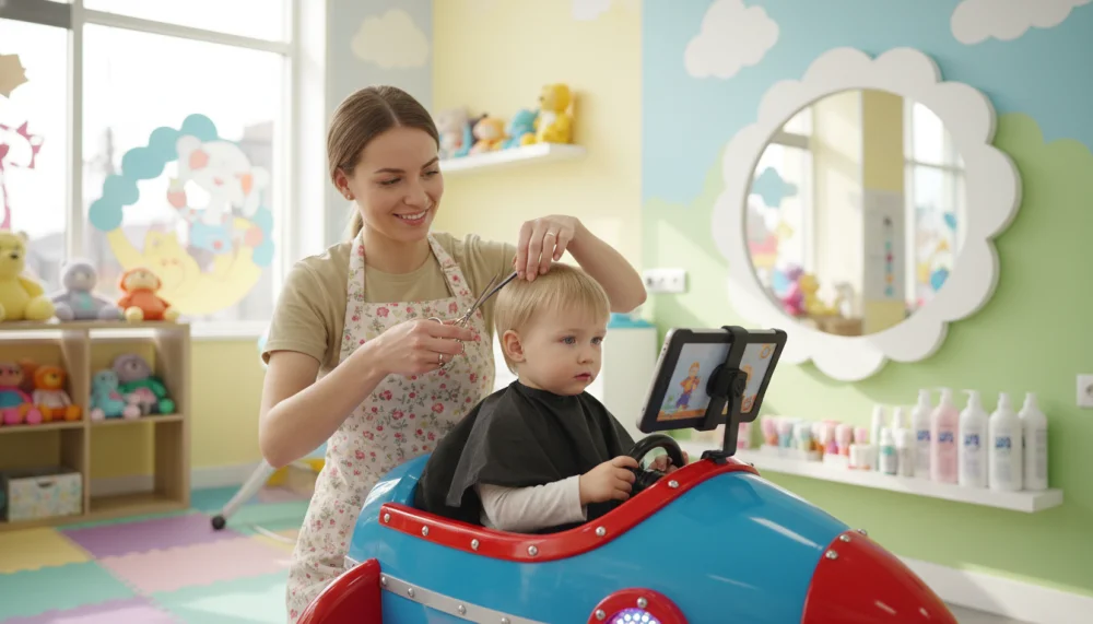Дитячий майстер-перукар працює з малюком у спеціальному кріслі