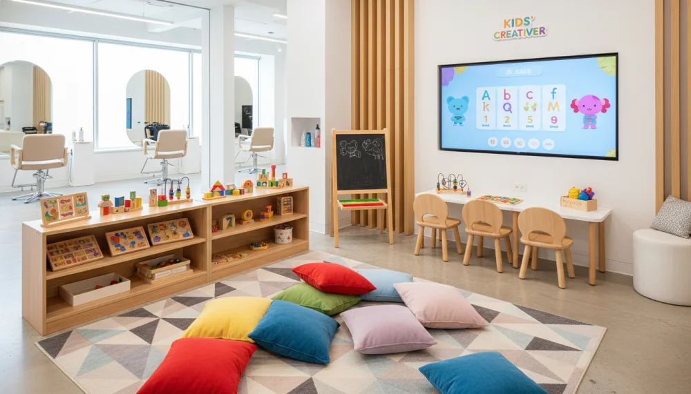 Ігрова зона в дитячій перукарні з іграшками та розвиваючими елементами