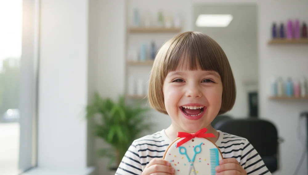 Щаслива дитина після стрижки тримає подарунковий пряник