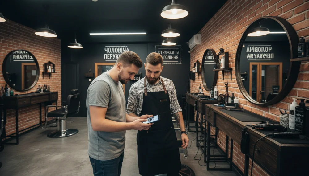 Чоловік показує фото бажаної стрижки майстру-перукарю на телефоні
