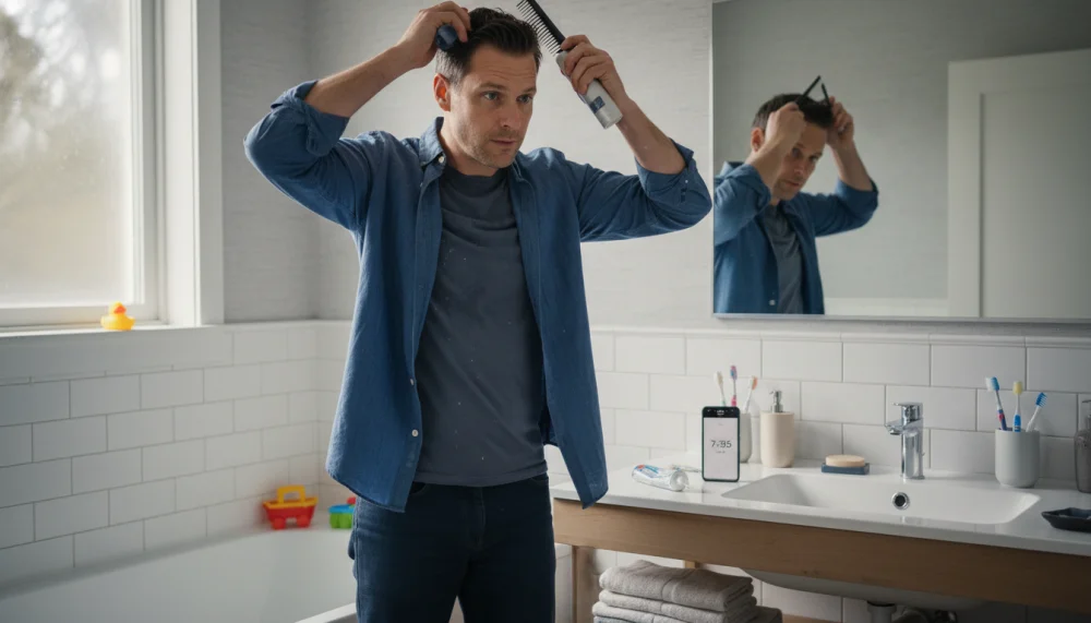 Зайнятий татусь швидко укладає волосся вранці перед дзеркалом