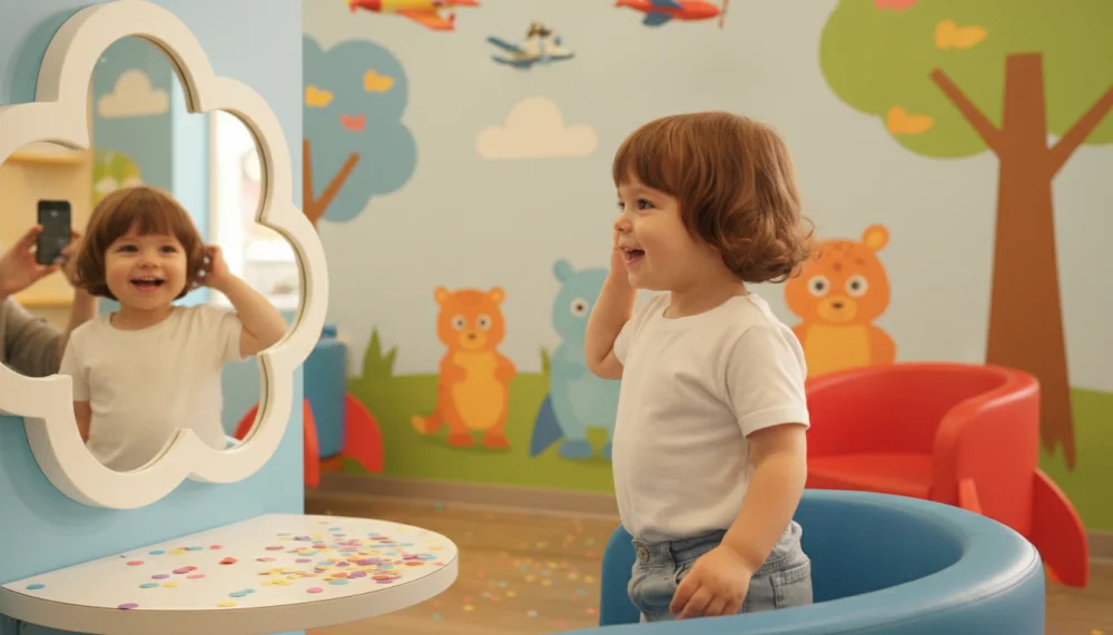 Щаслива дитина після першої стрижки дивиться в дзеркало