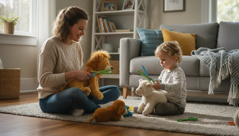 Мама з дитиною граються в перукаря вдома з іграшковими ножицями