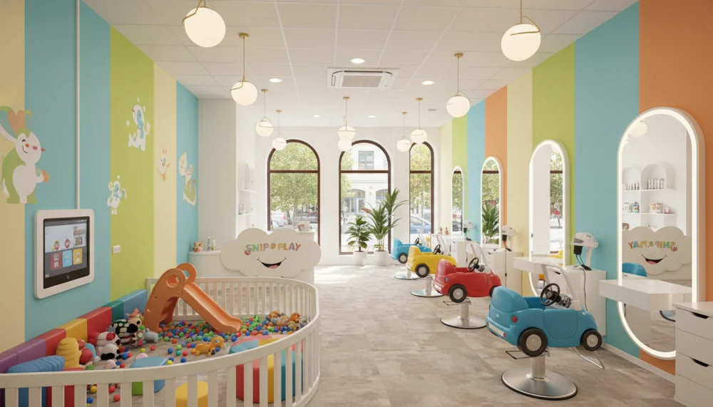 Дитяча перукарня з ігровою зоною та яскравими кріслами-машинками