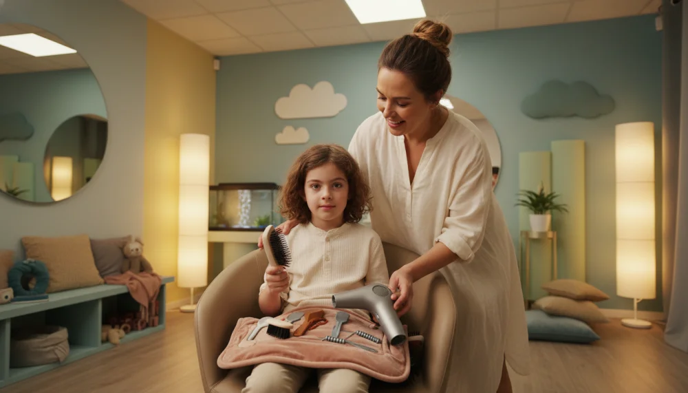 Дитина з аутизмом спокійно знайомиться з інструментами перукаря