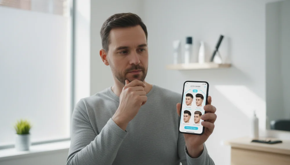 Чоловік використовує смартфон з AI для підбору стрижки